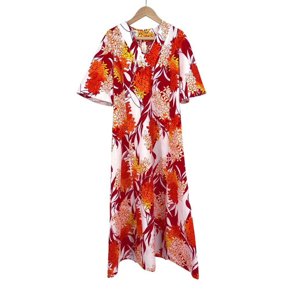 Vintage 70s Hawaii Nei Honolulu Maxi Dress Flutter‎ Sleeve Tiki Luau